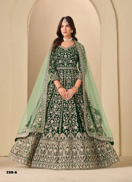 Green Color Aanaya Vol 239 By Dani Creation Velvet Designer Work Gown With Dupatta 239 A